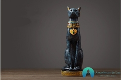 Escultura Gato Egípcio Deusa Bastet em Resina Marmorizado Azul