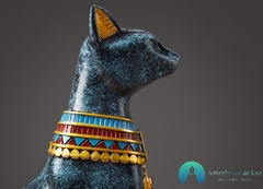 Escultura Gato Egípcio Deusa Bastet em Resina Marmorizado Azul na internet