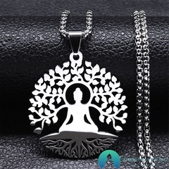 Colar de Aço Inox Buda Meditando na Árvore de Rudraksha