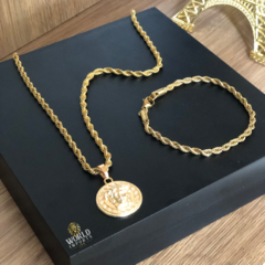 KIT CORDÃO E PULSEIRA ELO BAIANO (5MM) – 70cm + PINGENTE MEDUSA – BANHADA A OURO 18K na internet