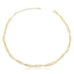 Colar Choker Fita Entrelaçada com Riviera Banhado Ouro 18k