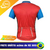 Camisa de ciclismo infantil com design do Super Homem, nas cores vermelha e azul, vista de trás.