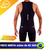 Macacão triathlon masculino preto, vista traseira, com detalhes em amarelo e zíper na parte superior.