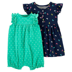 Conjunto romper verde de bolinha e vestido florido manga curta com calcinha carter´s - 3 Peças