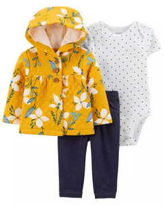 Conjunto da Cardigan amarelo floral, calça c/ body branco com bolinhas, manga curta - 3 peças