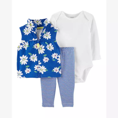 Conjunto colete azul florido, calça azul listrada e body branco manga longa - 3 peças