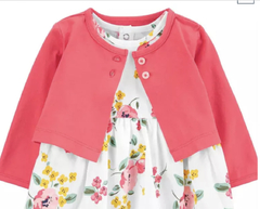 Conjunto Carter's Vestido Florido com Cardigan Salmão Manga Longa - Kids First