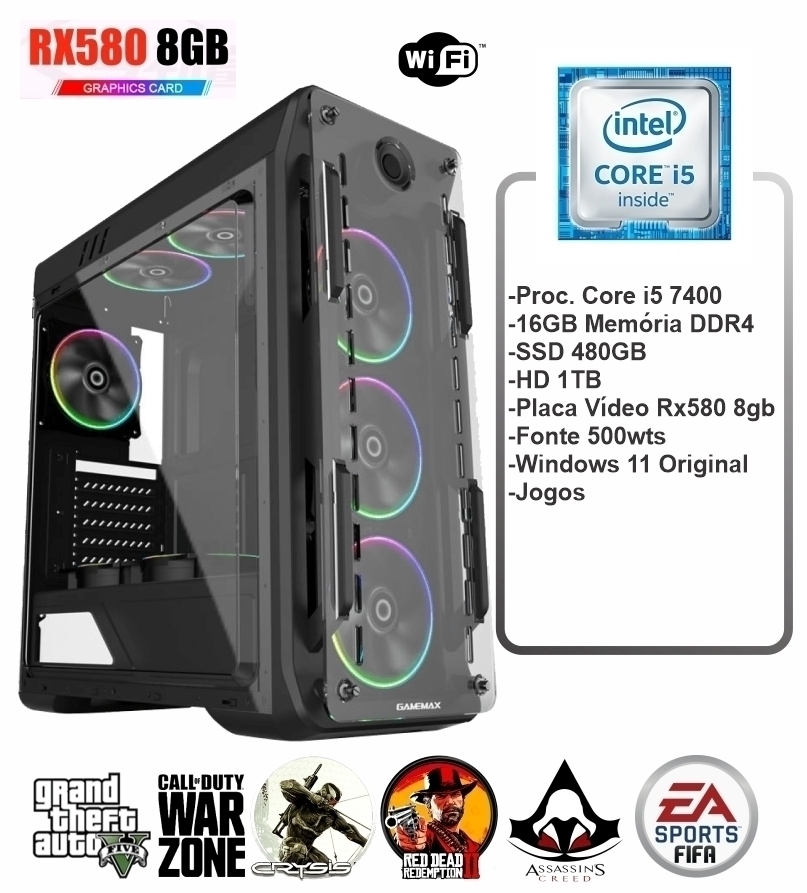 Pc Gamer Optical G510 Black Processador i5 7400 16GB DDR4 SSD480 