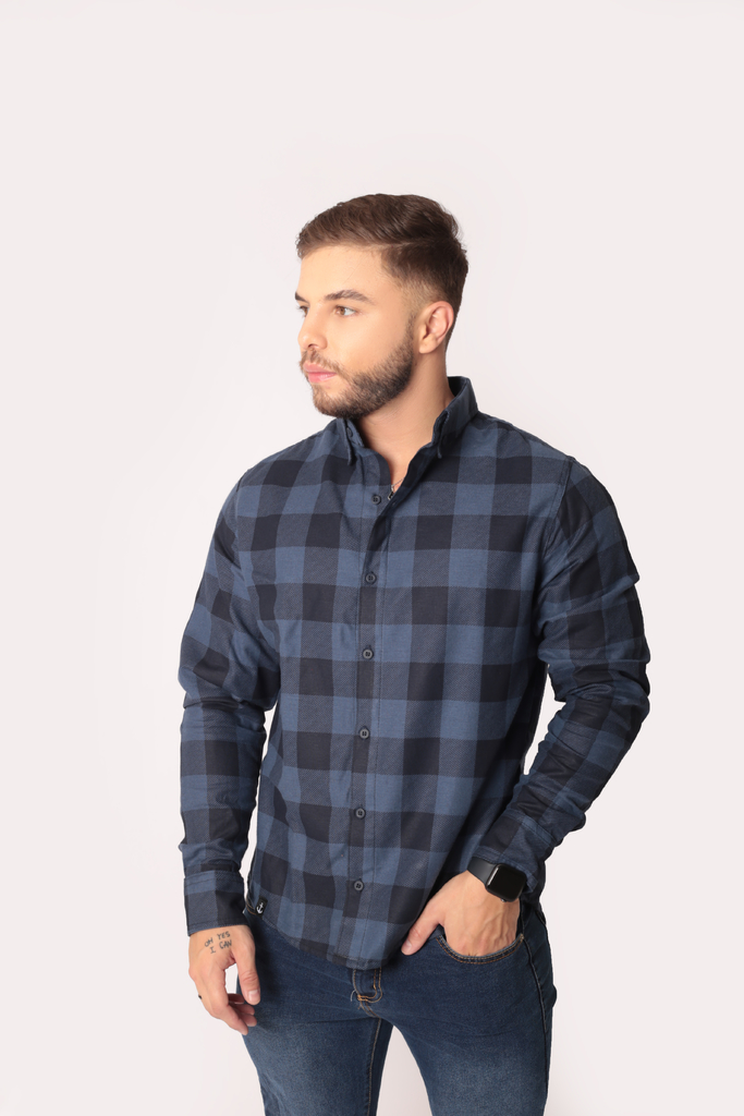 Camisa de flanela de algodão com estampa xadrez e colarinho abotoado (Azul  Claro) - Homens