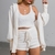 Três peças fashion fluffy em veludo com shorts, top e cardigan - loja online