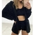 Três peças fashion fluffy em veludo com shorts, top e cardigan - loja online