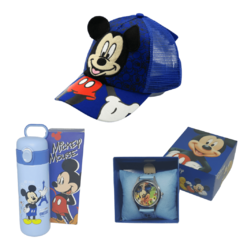 Kit Passeio Disney (Mickey Mouse) – Garrafa Térmica 530 ml, Boné e Relógio Personalizados.