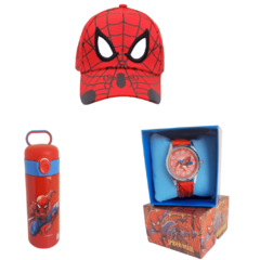 Kit Passeio Marvel (Spider-Man) – Garrafa Térmica 530 ml, Boné e Relógio Personalizados.