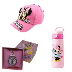 Kit Passeio Disney (Minnie Mouse) – Garrafa Térmica 530 ml, Boné e Relógio Personalizados.