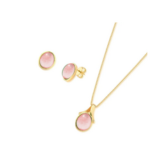 CONJUNTO COLAR E BRINCO COM PEDRAS NATURAIS QUARTZO ROSA BANHADO A OURO