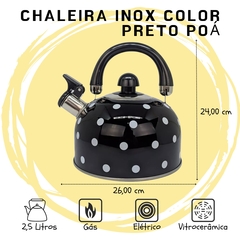 Chaleira Inox Color Poá Preta 2,5 Litros Chaleira Esmaltada de Aço Inox Preta Poá Com Apito e Alça Ergonômica Fervedor de Água Grande Estampado Preto Com Bolinhas Branca Mundiart - loja online