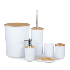 Kit de Banheiro Bambu 6 Peças Conjunto Acessórios de Banheiro Eleganz Design Moderno Jogo Para Lavabo Lixeira Grande 6,50L Detalhe Cromado Plasvale