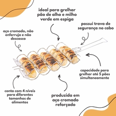 Imagem do Grelha Para Pão de Alho e Milho Verde Espeto Para Assar e Grelhar 5 Pães e Petiscos Tamanho Grande De Aço Cromado Mundiart