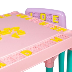 Imagem do Jogo de Mesa e Cadeiras Infantil Educativa Conjunto Com 1 Mesa e 2 Cadeiras Rosa Para Crianças Mesinha Didática Menina Com Alfabeto e Números Tritec