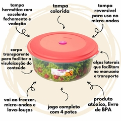 Jogo De Potes Plástico Redondo Kit 4 Bacias Para Alimentos Vac Freezer Com Tampa Reversível Conjunto Porta Mantimentos Vasilhas Grande Sanremo