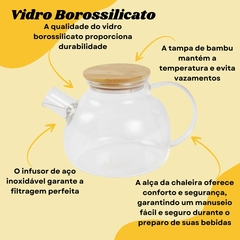 Chaleira de Vidro Borossilicato com Tampa de Bambu 1 Litro Chaleira De Vidro Resistente Jarro Para Chá Com Infusor 1 Litro Lehaví - Donna Casa