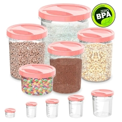 Kit Com 5 Potes de Rosca Porta Mantimentos Jogo de Potes Plástico Grande Conjunto de Potes Para Armazenar Alimentos Com Tampa Rosa Uninjet