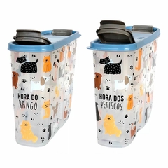 Porta Ração Pote Guarda Tudo Dueto Pet Capacidade de 2,4 kg Container de Ração Estampado Gatos e Cachorros Com Divisória Azul Plasútil na internet