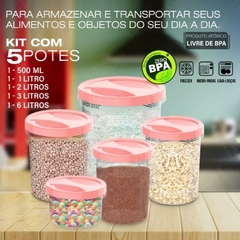 Kit Com 5 Potes de Rosca Porta Mantimentos Jogo de Potes Plástico Grande Conjunto de Potes Para Armazenar Alimentos Com Tampa Rosa Uninjet - loja online