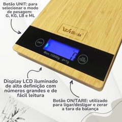 Balança Digital De Cozinha Multifuncional 10kg Balança Retangular De Bambu Confeitaria Fitness Com Visor LCD Iluminado Grande Wellmix