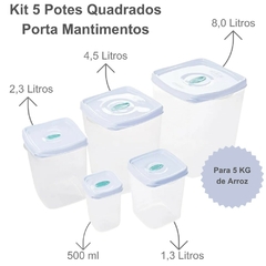 Kit 5 Potes Porta Mantimentos Jogo de Potes Plástico Quadrado Para Conjunto de Potes Para Cozinha Pote de Arroz Capacidade de 5Kg ou 8 Litros Plasvale - comprar online