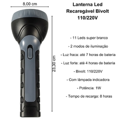 Lanterna Recarregável Bivolt Com 11 Leds Super Branco Forte e 2 Níveis de Iluminação de Alto Brilho Luminária a Bateria Recarregável Aço Forte - comprar online