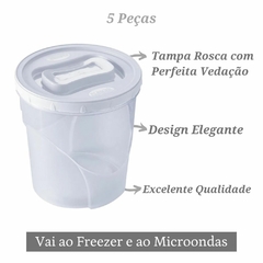 Conjunto 5 Potes Plástico Porta Mantimentos Jogo de Potes Redondo Com Tampa Rosca Para Cozinha Kit Potes Armazenar Alimentos e Temperos Plasútil na internet