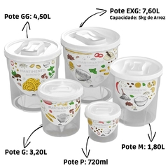 Kit 5 Potes Porta Mantimentos Decorado Amêndoas Conjunto Pote Plástico Clic Redondo Tampa Rosca Branca Jogo de Pote Para Cereais 5Kg de Arroz Plasútil na internet