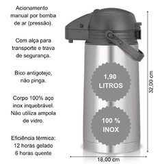 Imagem do Garrafa Térmica de Mesa Inquebrável 100% Aço Inox Térmica Expressar 1,9 Litros Água Quente/Fria Café e Chimarrão Térmica Resistente Não Quebra Sanremo