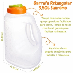 Garrafa Retangular de Plástico 3,50 Litros Galão de Água Gole Gut Garrafa de Geladeira Para Água Sucos e Chás Tamanho Grande de 3500ml Sanremo - loja online