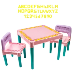 Jogo de Mesa e Cadeiras Infantil Educativa Conjunto Com 1 Mesa e 2 Cadeiras Rosa Para Crianças Mesinha Didática Menina Com Alfabeto e Números Tritec - Donna Casa