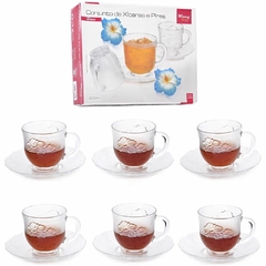 Jogo de Xícaras de Vidro 12 Peças Para Chá Kit Contendo 6 Xícaras e 6 Pires de Café Com Design Moderno E Elegante de Hibiscus 200ml Migi Glass - Donna Casa