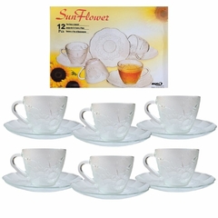 Jogo de Xícaras de Vidro 12 Peças Kit de Xícaras Com Pires Para Chá e Café Design Moderno e Elegante de Girassol Sun Flower 200ml Migi Glass