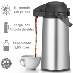 Garrafa Térmica de Mesa Aço Inox com Ampola de Vidro 1,90 Litros Térmica Expressar Para Água Quente e Fria Chimarrão Café e Tereré Térmica Expressar Sanremo