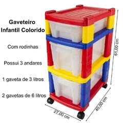 Gaveteiro Plástico Infantil Colorido 3 Gavetas Organizador de Plástico Multiuso Grande com Rodinhas e 3 Prateleiras Tritec - Donna Casa