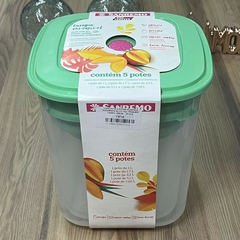 Conjunto Pote Plástico Quadrado Kit 5 Potes Para Mantimentos Com Tampa Reversível Verde Jogo Vasilhas De Plástico Para Arroz e Feijão Grande Sanremo