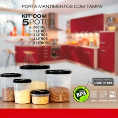 Kit Com 5 Potes de Rosca Porta Mantimentos Jogo de Potes Plástico Grande Conjunto de Potes Para Armazenar Alimentos Com Tampa Preta Uninjet