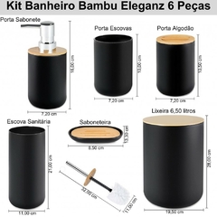 Kit de Banheiro Bambu 6 Peças Conjunto Acessórios de Banheiro Eleganz Design Moderno Jogo Para Lavabo Lixeira Grande 6,50L Detalhe Cromado Plasvale