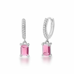 Brinco de Prata Argola Cravejada Com Zircônia Retangular Rosa