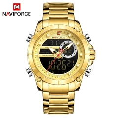 NAVIFORCE Luxo Original Masculino Relógio de Pulso Esportivo Ouro Quartzo Aço À Prova D' Água Relógios de Exibição Dupla