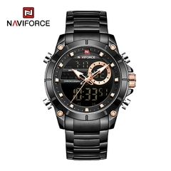 NAVIFORCE Luxo Original Masculino Relógio de Pulso Esportivo Ouro Quartzo Aço À Prova D' Água Relógios de Exibição Dupla - comprar online