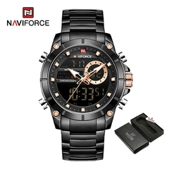 NAVIFORCE Luxo Original Masculino Relógio de Pulso Esportivo Ouro Quartzo Aço À Prova D' Água Relógios de Exibição Dupla - Coala Brasil