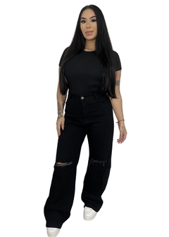 Calça Wide leg rasgado no joelho jeans preto