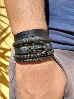 Pulseiras Masculinas 5un All Black Âncora Preta Couro #21187 - Topo Acessórios