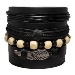 Pulseiras Masculinas 5un Couro Madeira Pena Asa #6096